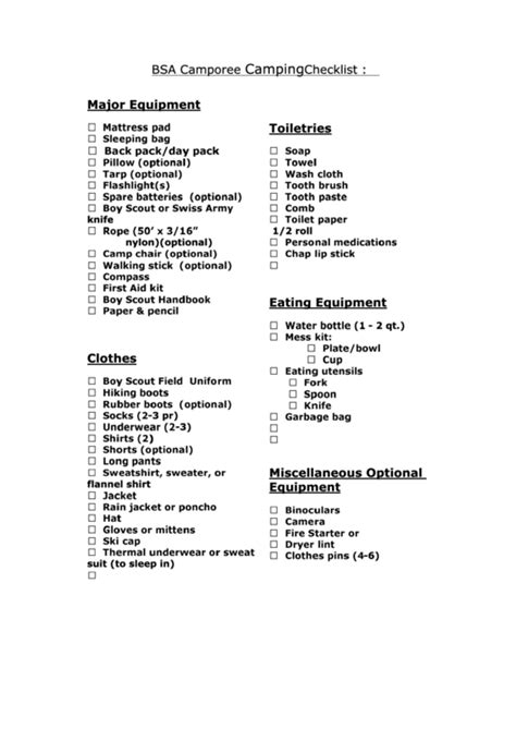 bsa camporee camping checklist printable