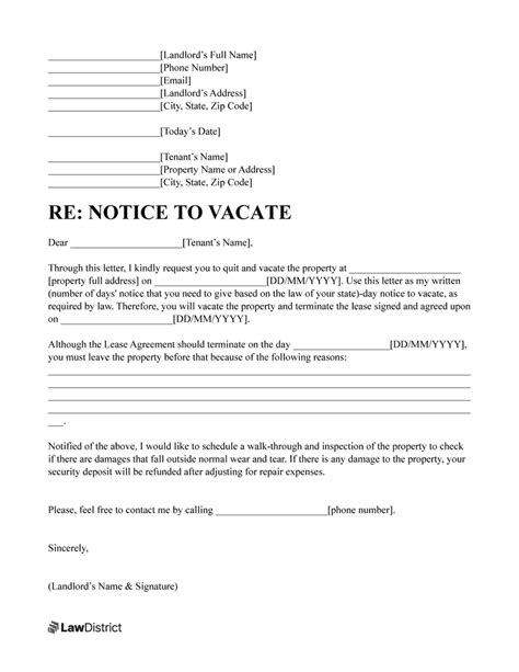 sample notice  vacate letter  tenant