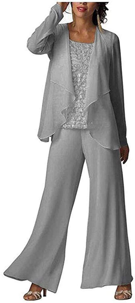 women s 3 pc grey lace bodice chiffon outfit pants suits for mother of