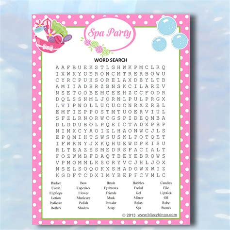 spa party word search printable pdfs