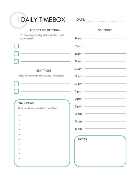 daily timebox planner printable  template   list time management
