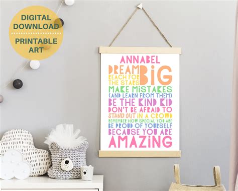 dream big personalized poster printable girls wall art pastel teen