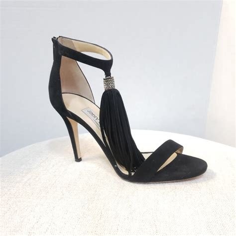 jimmy choo black suede fringe strappy heels couture blowout