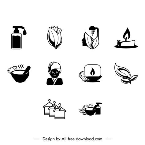 spa icons sets flat black white handdrawn symbols outline vectors