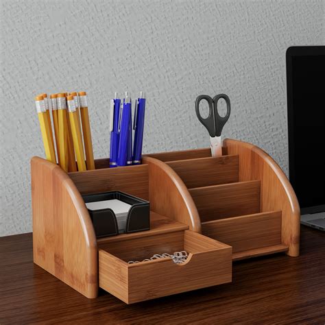 compartment bamboo desk organizer wooden office supply storage accessory  drawers
