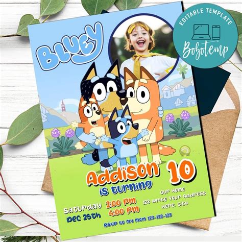 printable bluey birthday invitation  photo instant  bobotemp