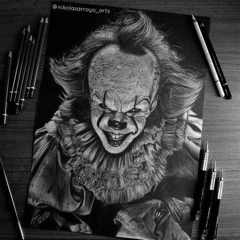 Perfect Black And Grey Drawing Of Pennywise From Horror