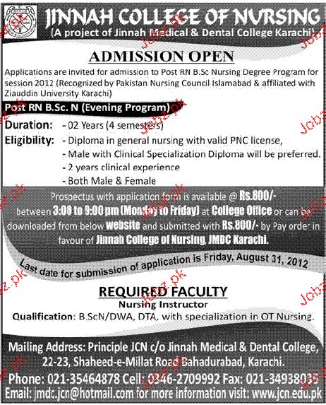 Admission In Bsc Nursing In Jinnah College Of Nursing 2023 Government