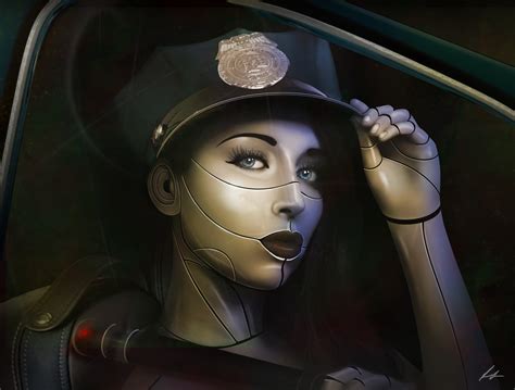 technics robot police hat face glance fantasy girl cyborg police sexy wallpaper 3199x2424