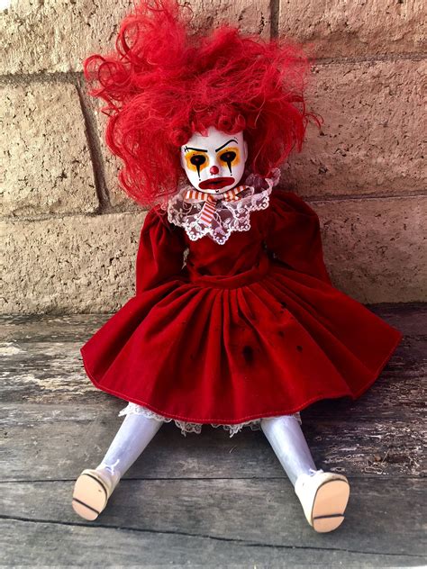 ooak sitting red clown creepy horror doll art  christie creepydolls