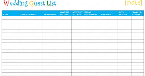 document templates  printable wedding guest list template