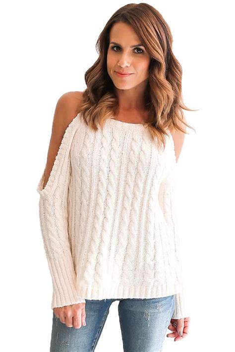 Hualong White Cable Open Shoulder Sweater Online Store