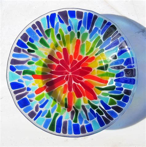 Fused Glass Bowl Colorful Rainbow Mosaic Shallow Serving Dish