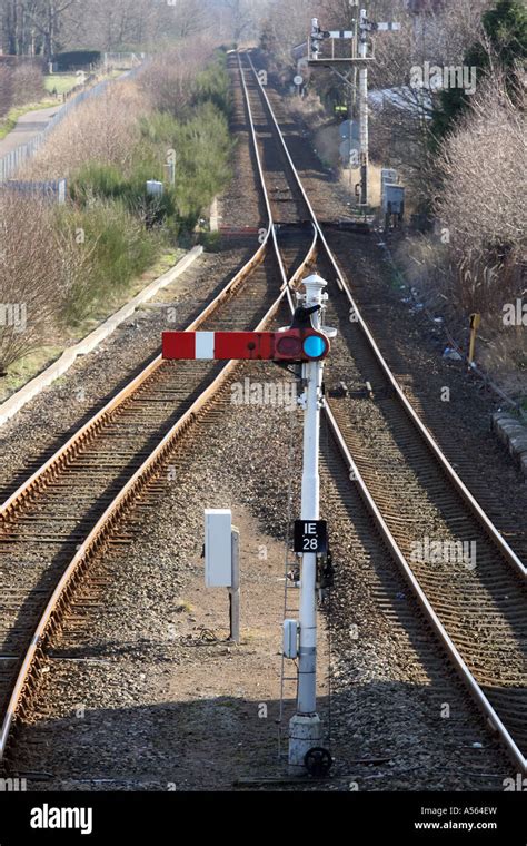 red rail signal  train tracks  background showing points stock photo alamy