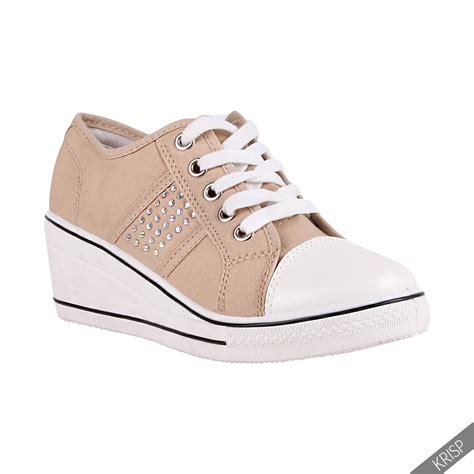 womens gem canvas high heel wedge trainers sneakers  top lace  shoes summer ebay
