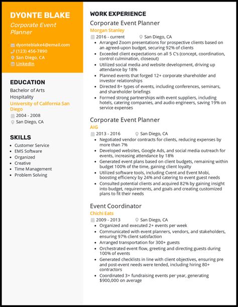 event planner resume examples   tendig