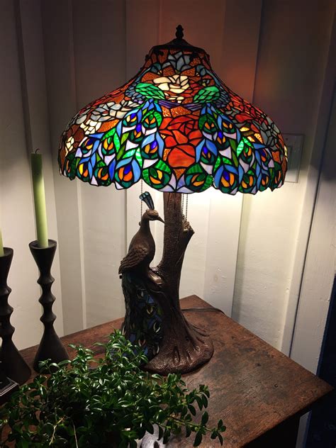 vintage stained glass peacock lamp etsy