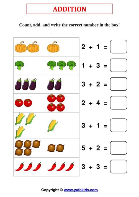 addition   count add  write  correct number   box  yufakids