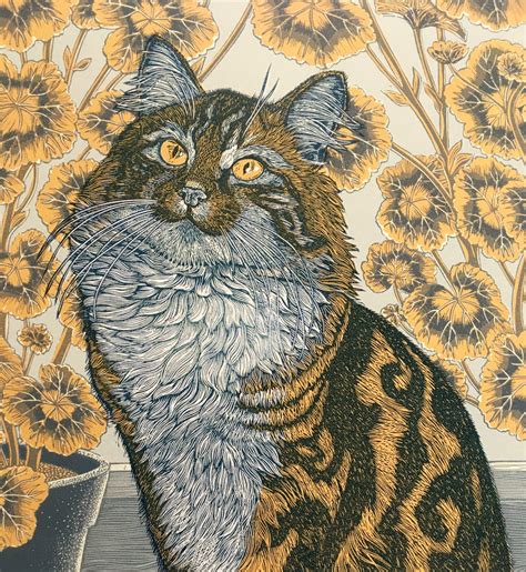 dozens  carved layers compose vivid linocut prints  cats  bouquets  vanessa lubach rikart