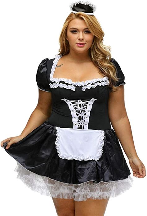 N X Halloween Satin French Maid Adult Uniform Fancy Dress Costume Plus