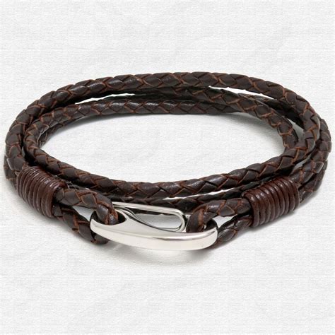 mens bracelets mm leather bracelet sterling silver clasp dark brown braided double wrapped