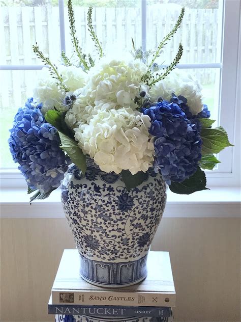 beautiful blue white floral arrangement   ginger jar flower arrangements flower vase