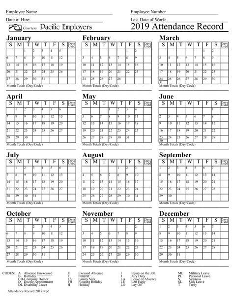 attendance calendar  calendar template printable