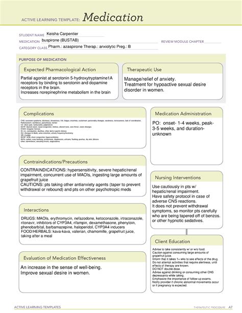 buspirone ati med card active learning templates therapeutic procedure  medication student