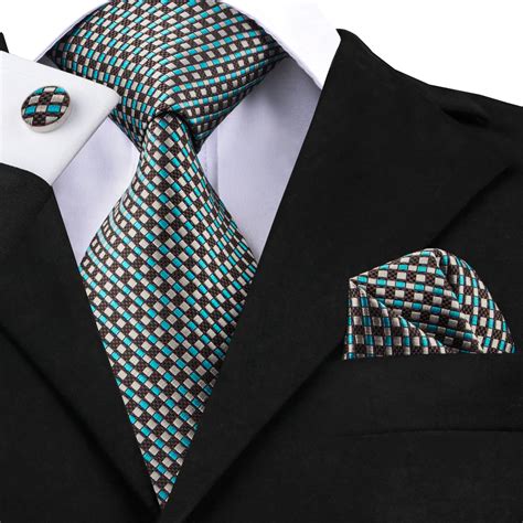 tie brand design silk ties set  men tie  pocket square cufflinks set green plaid mens