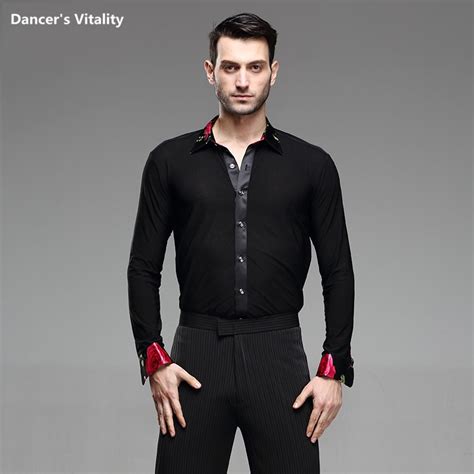 Male Latin Dance Shirts Collar Ballroom Black Dance Tops