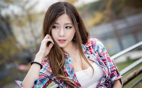 Wallpaper Model Brunette Long Hair Women Outdoors Asian Shirt