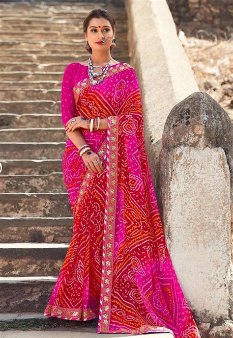 Pink Tie And Dye Georgette Gujarati Bandhani Lace Border Saree Casual