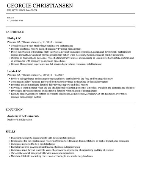 house manager resume