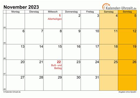 november  kalender mit feiertagen
