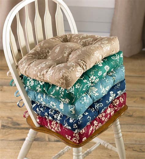 reversible floral damask tufted cotton chair pad with ties steel blue