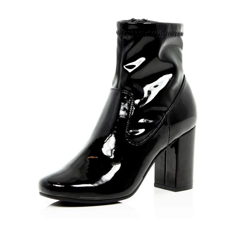 river island black patent heeled ankle boots in black lyst