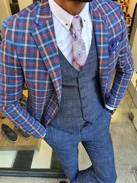 buy navy blue slim fit plaid check suit  gentwith   shipping