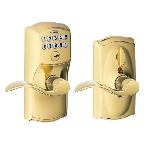 schlage accent bright brass keypad electronic door lever  camelot trim featuring flex lock