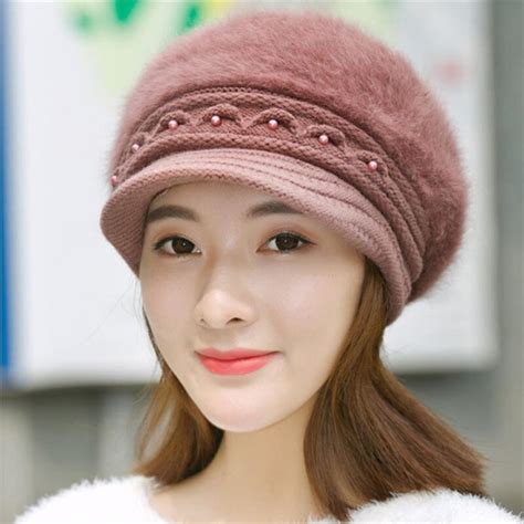 new autumn winter warm hats female rabbit hair plus velvet warm knitted