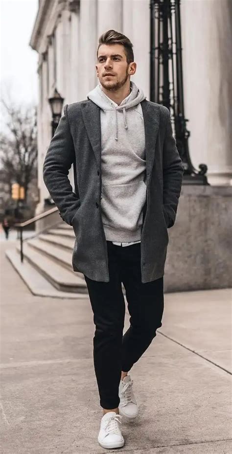 grey hoodie  charcoal overcoat outfit  men  fashion blog