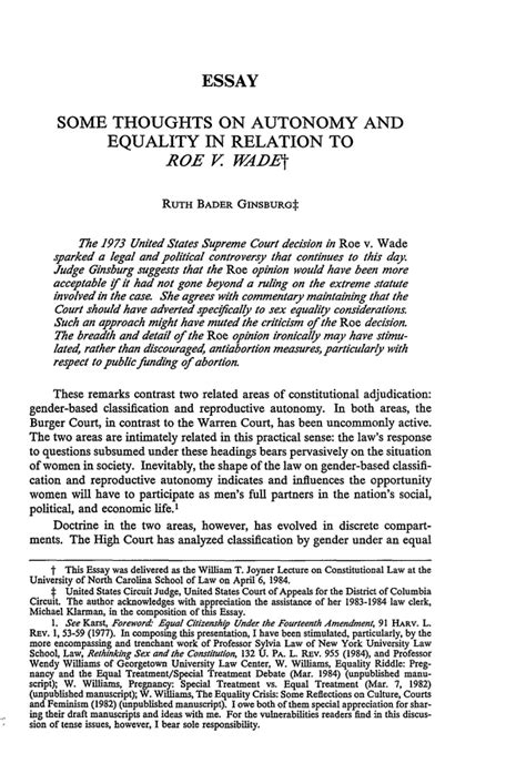some thoughts on autonomy and equality in relation to roe v wade essay 63 north carolina law