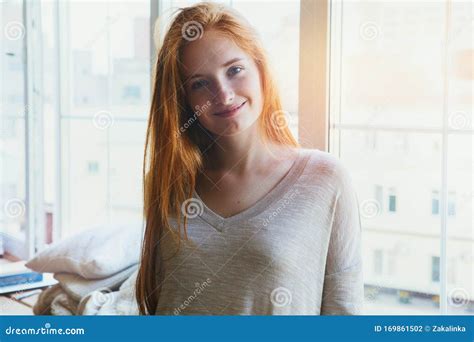 Beautiful Cheerful Happy Young Smiling Redhead Girl Morning Sunrise