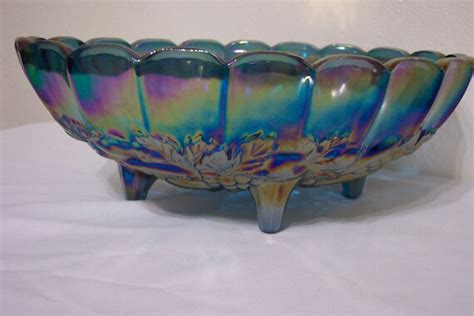 Blue Carnival Glass Centerpiece Footed Fruit Bowl By Luruuniques