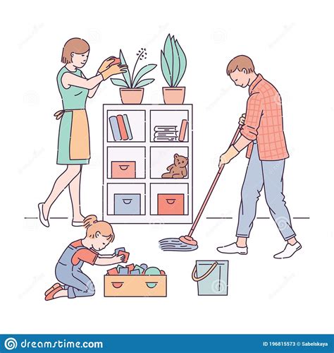 parents  children  cleaning  house sketch vector illustration