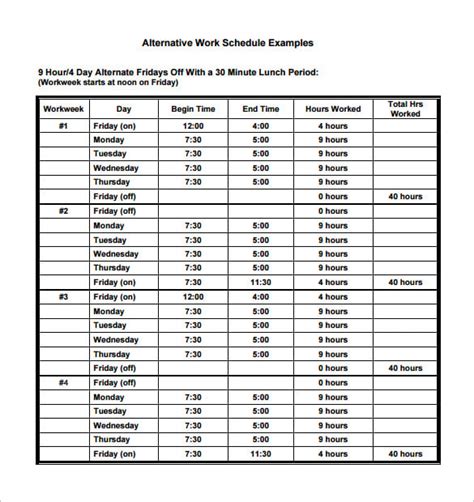 monthly work schedule templates  docs