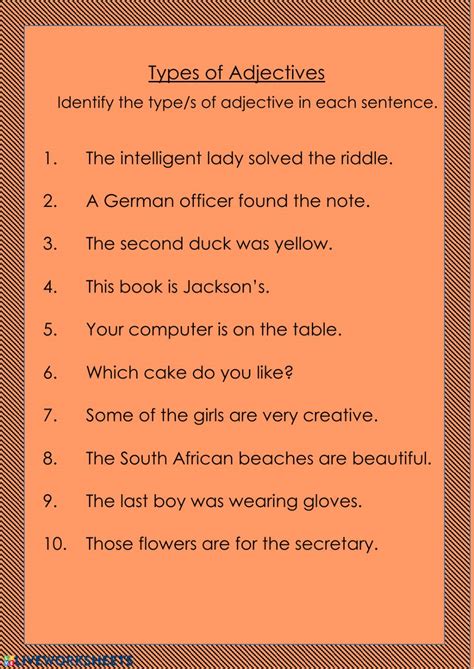 types of adjectives worksheet