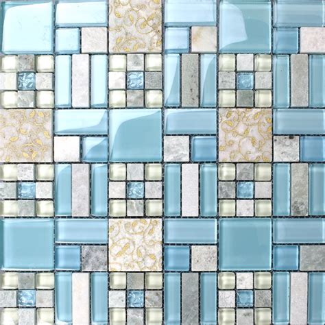 Backsplash Tiles Kitchen Blue Glass And Stone Blend Mosaic