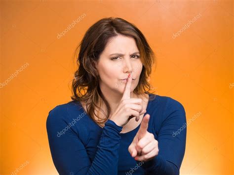 Woman Placing Finger Hand On Lips Shhh Gesture Be Quiet — Stock