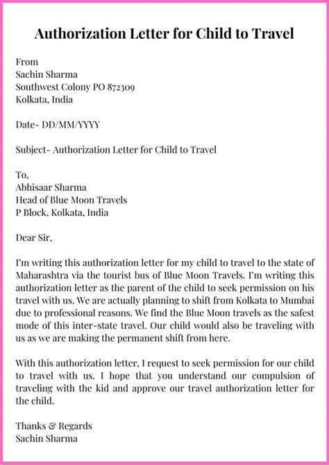 sample authorization letter  child  travel