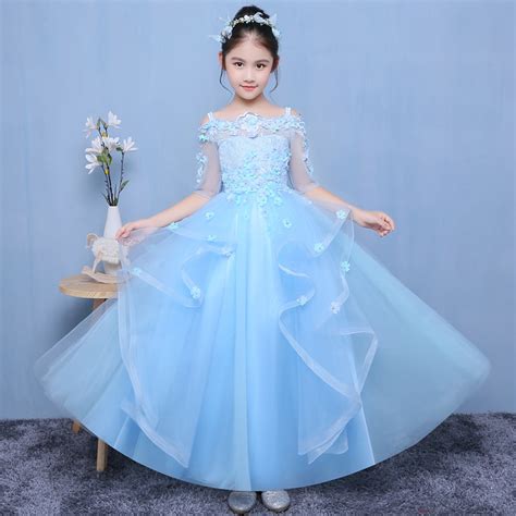 Blue Long Royal Princess Dress Shoulderless Flower Girl Drsses For